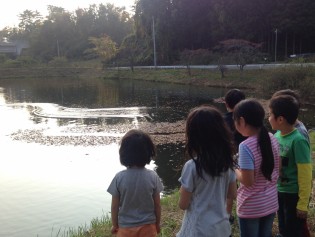 芋煮会in田村市船引町池でラジコンボートをする子供達